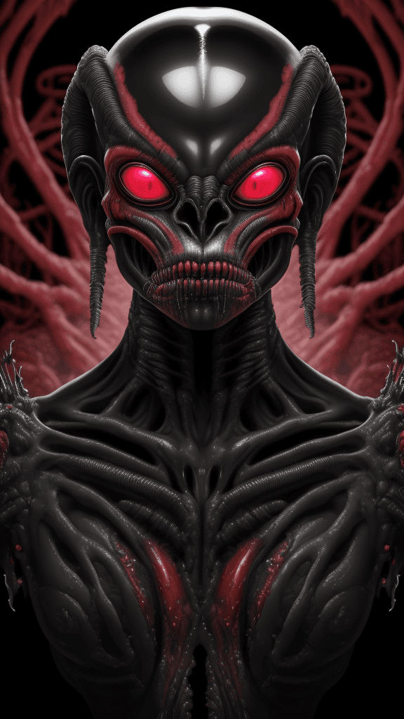 AI generated: a funky background in a complex bone frame a intimidating Xenomorph rfktrstyle 4d headshot looking a...