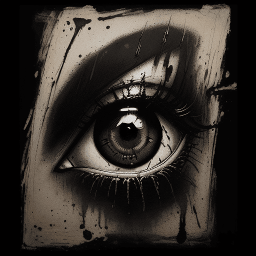 AI generated:  a print of an eye splashed with paint and stains on brown paper, in the style of noir comic art, go...