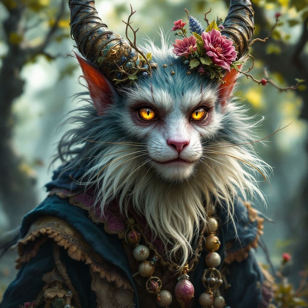 AI generated: A portrait of a folklore character, such as a sly trickster or a benevolent spirit. The style is rem...