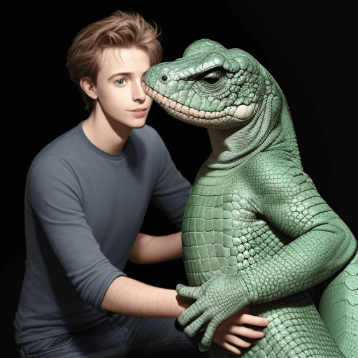AI generated: UN HOMME TRES JEUNE RENCONTRE UNE REPTILO MEDIATRICE HUMANOIDE