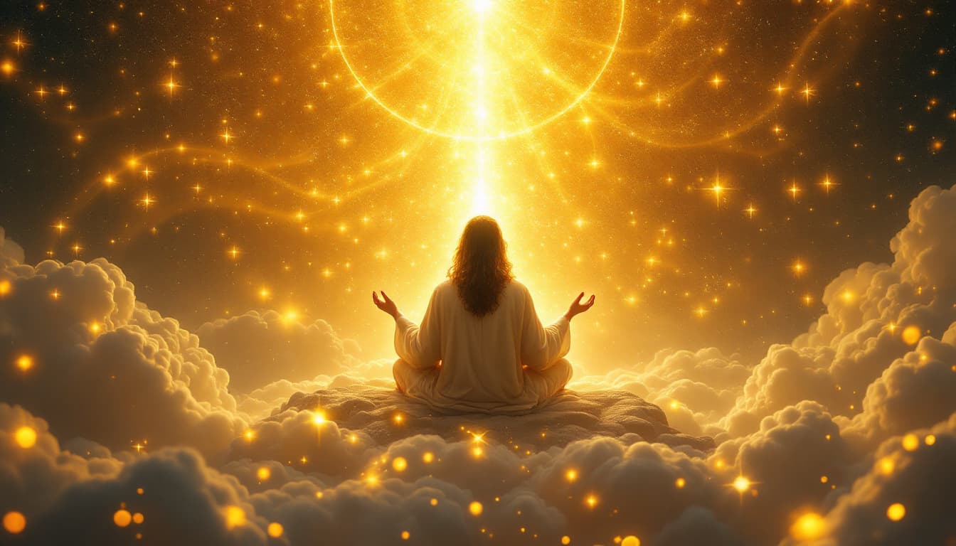AI generated: 
jesus  in  .n zen meditation hovering above golden light from pleyada starsand from the heaart gold...