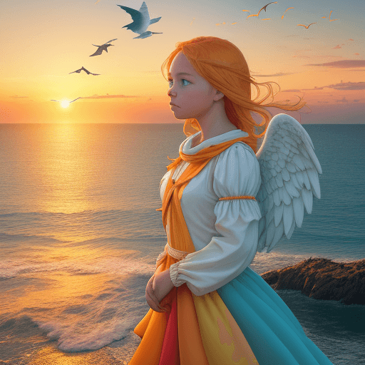 AI generated: Landscape, sea, girl angel looks into the distance at sunrise. Flying birds. The colors in the photo...