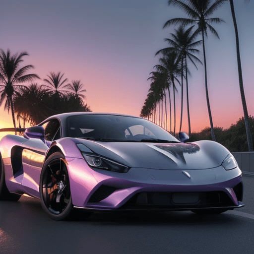 AI generated: photo of a supercar, car is purple shiny, background is with palmtrees and sunset, road is dark whit...
