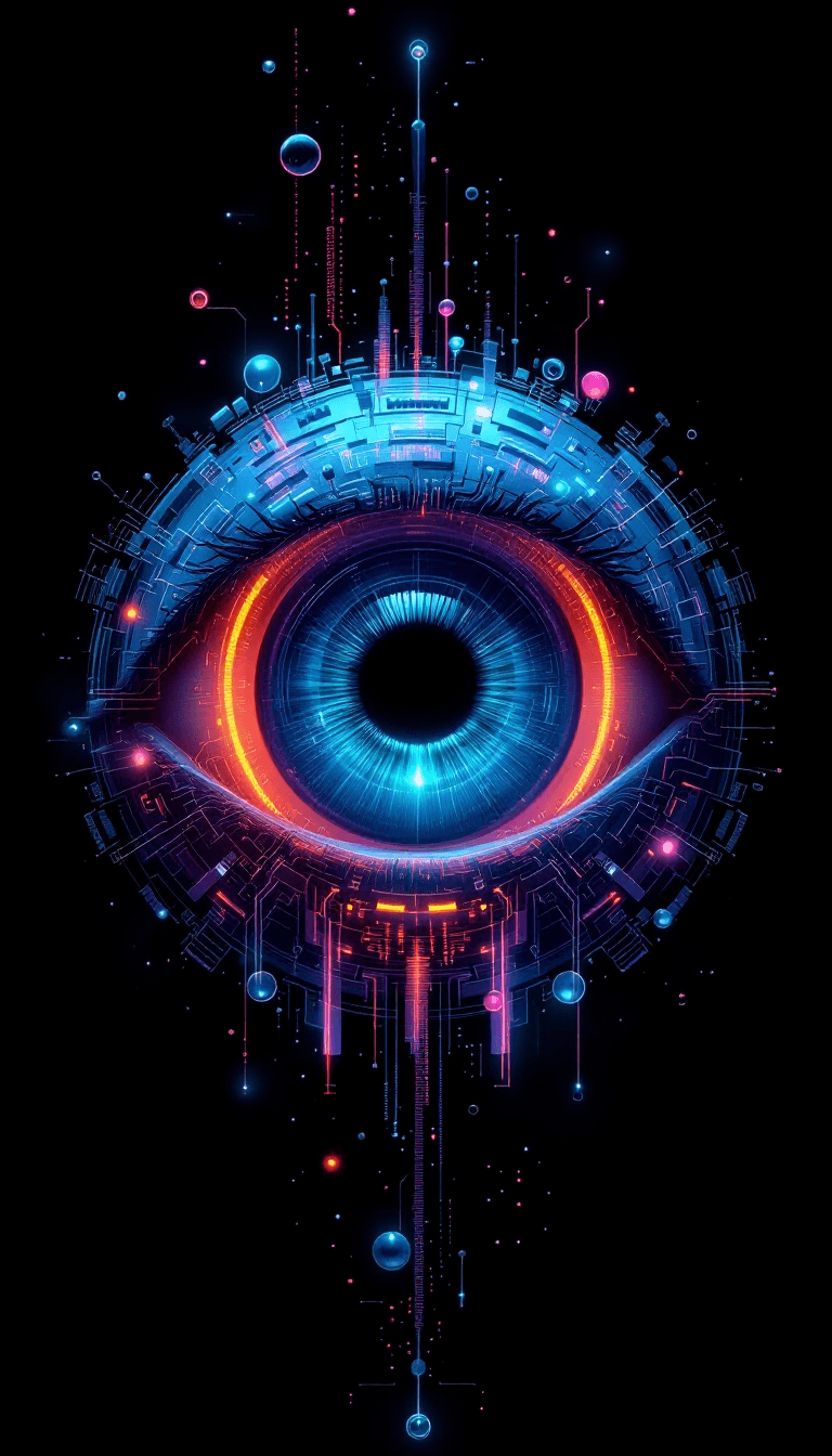 AI generated: A surreal image of a large, singular eye, its iris a portal to an abstract realm of swirling gases a...