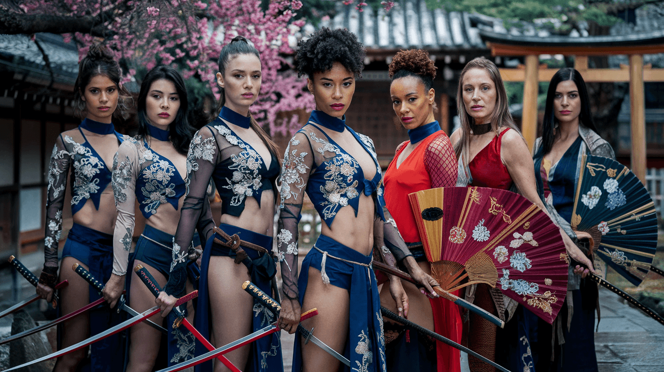 AI generated: "A group of seven fierce, multiracial superheroines standing together in a serene feudal Japanese vi...