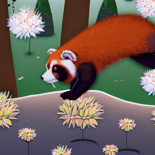 AI generated: High detailed image of fluffy red panda levitating over Kyoto garden. Red panda is relaxed and happy...