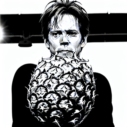 AI generated: Black and white coloring image 
of Kevin Bacon at the Farmer's Market holding a pineapple
