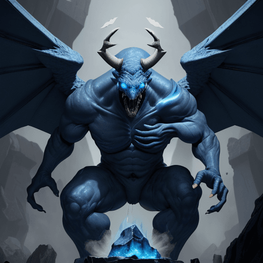 AI generated:  high quality foto of a blue dangerous enormous without eyes and wings, long fingers and broken bone...