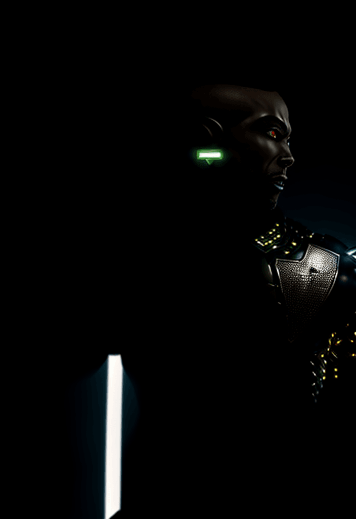 AI generated: a super high-detailed and realistic image of a black man superheroe cyberpunk-style hero in a silver...