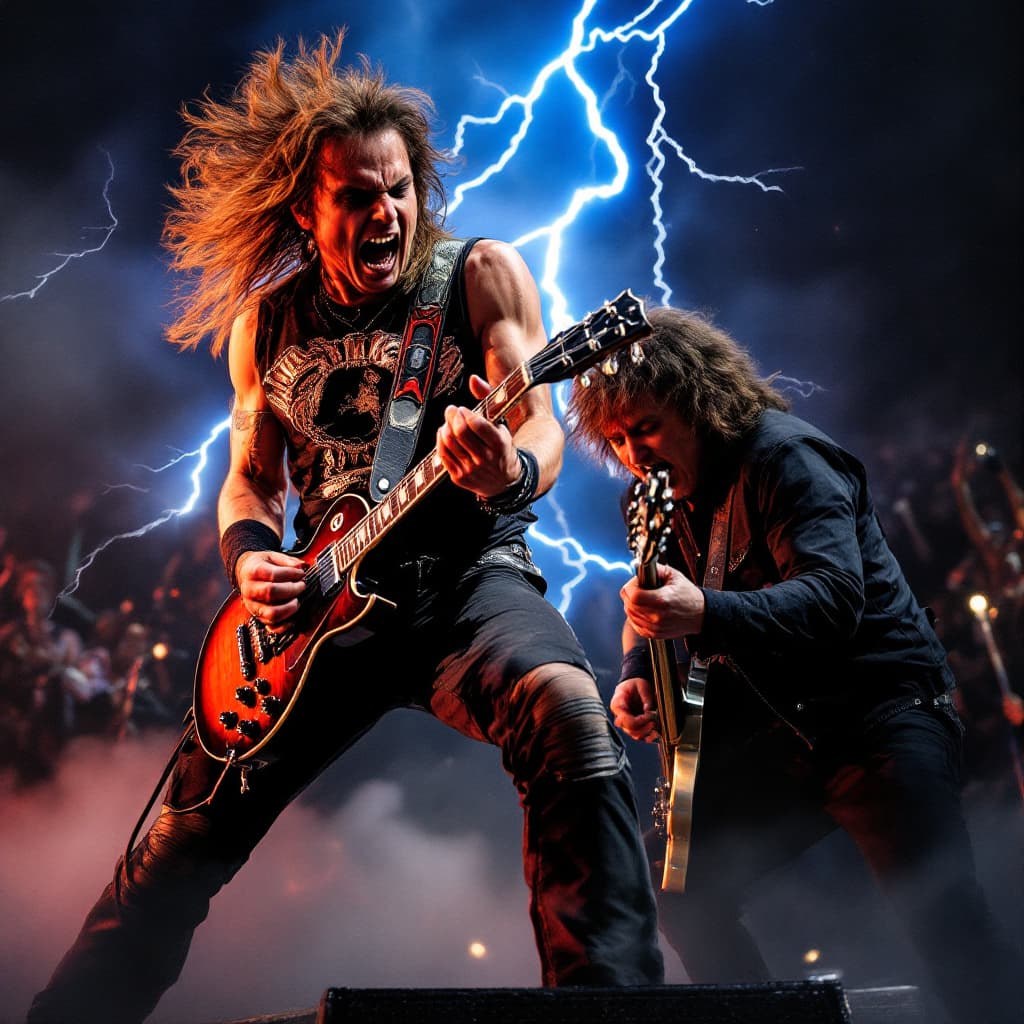 AI generated: acdc playing hit song thunderstruck and angus young with wings of lightning
