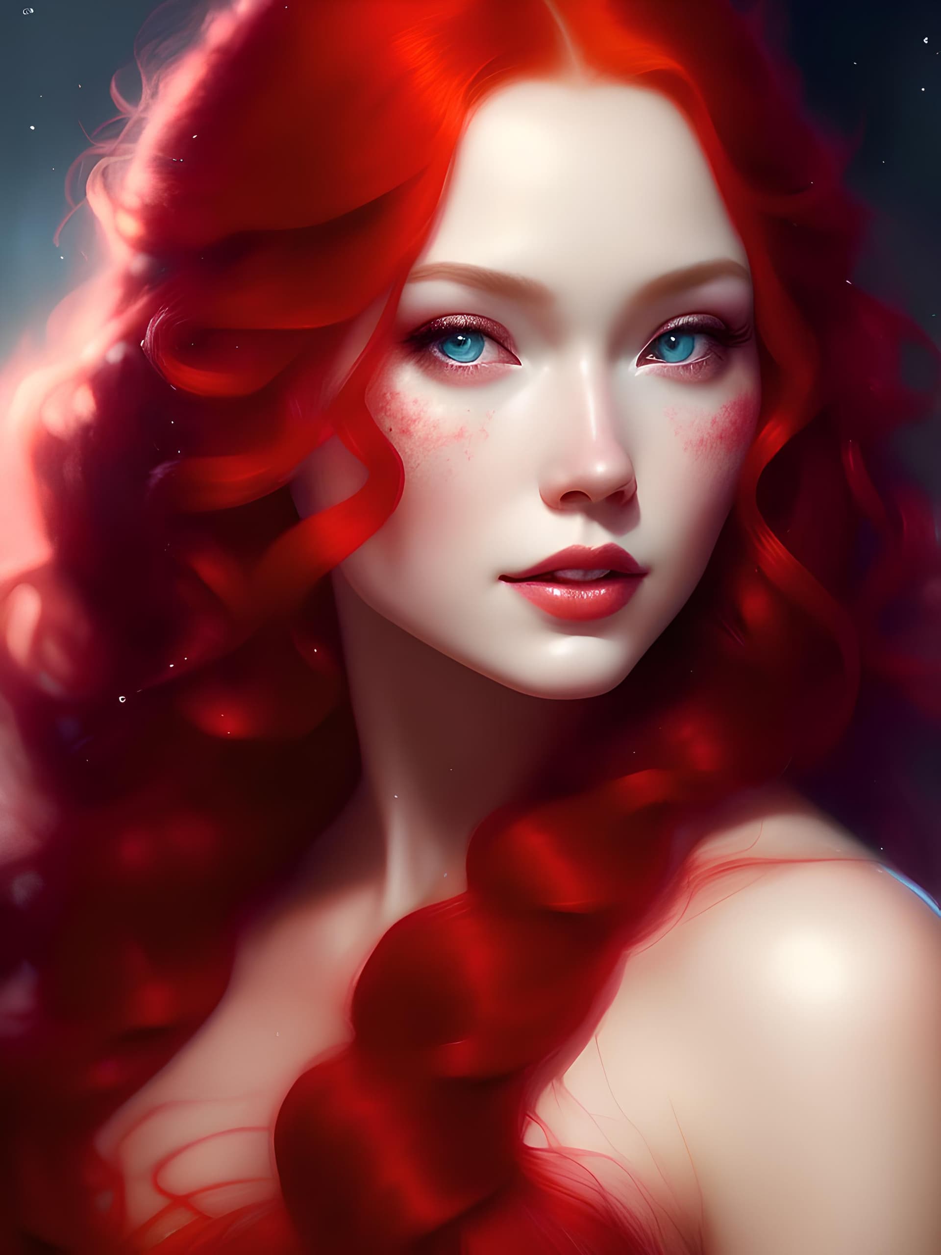AI generated: a close up of a woman with long red hair, inspired by Ross Tran, fantasy art, beautiful elsa, glowin...