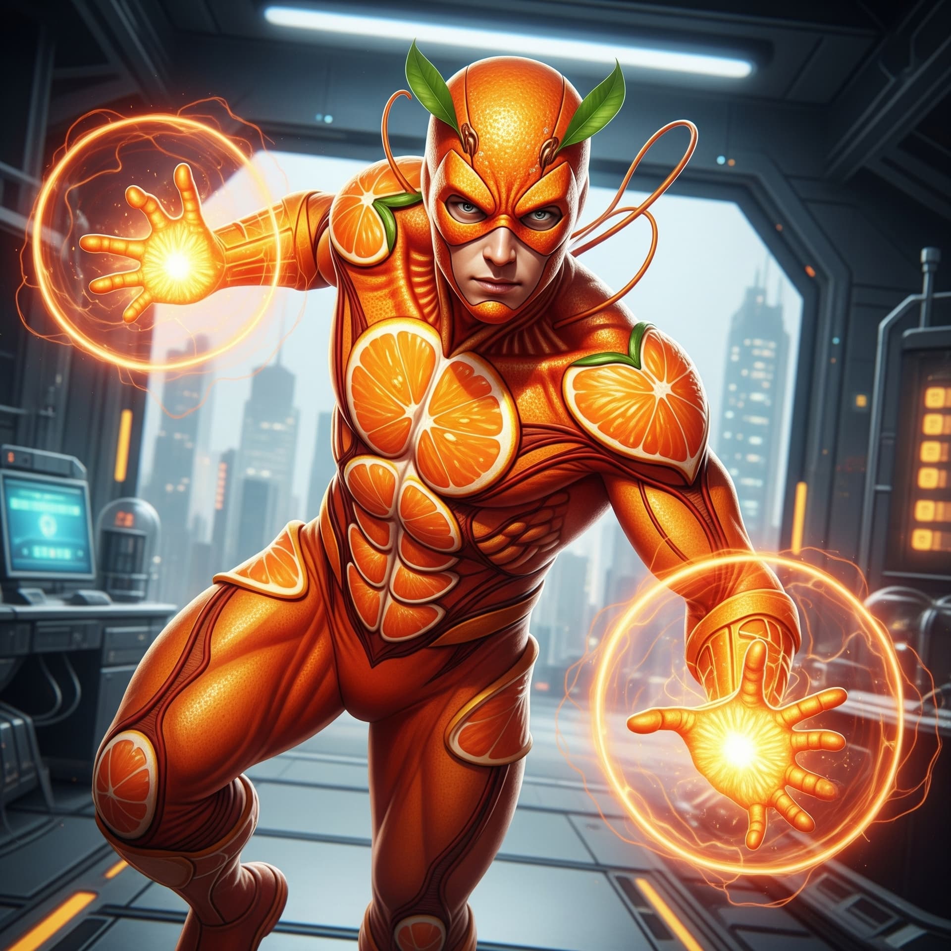 AI generated: A superhero whose genetics were altered in an experiment, resulting in orange-themed powers and appe...