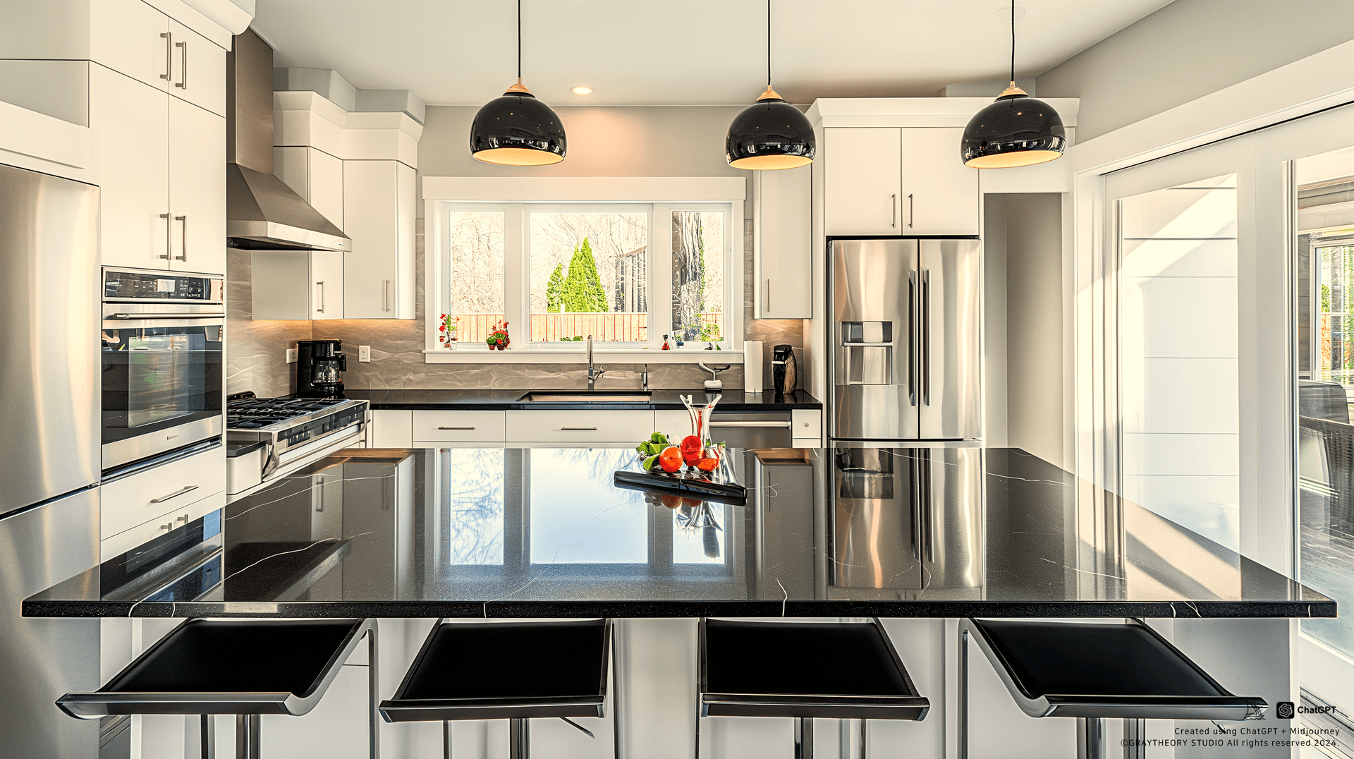 AI generated: front view, Create a contemporary kitchen using a Sony A7 III, 35mm f/2.8 lens. Highlight sleek blac...