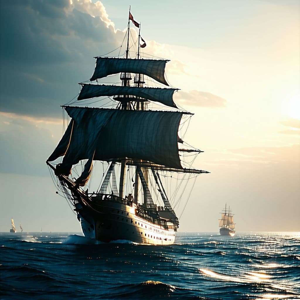 AI generated: Photo of a ultra realistic sailing ship, dramatic light, pale sunrise, cinematic lighting, battered,...