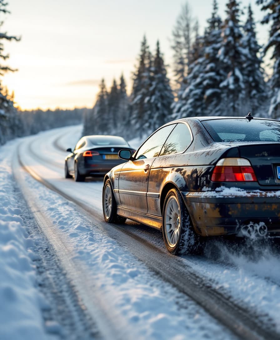 AI generated: A pristine BMW E39, gleaming under the soft winter sunlight, speeds past a weathered, muddy Tesla on...