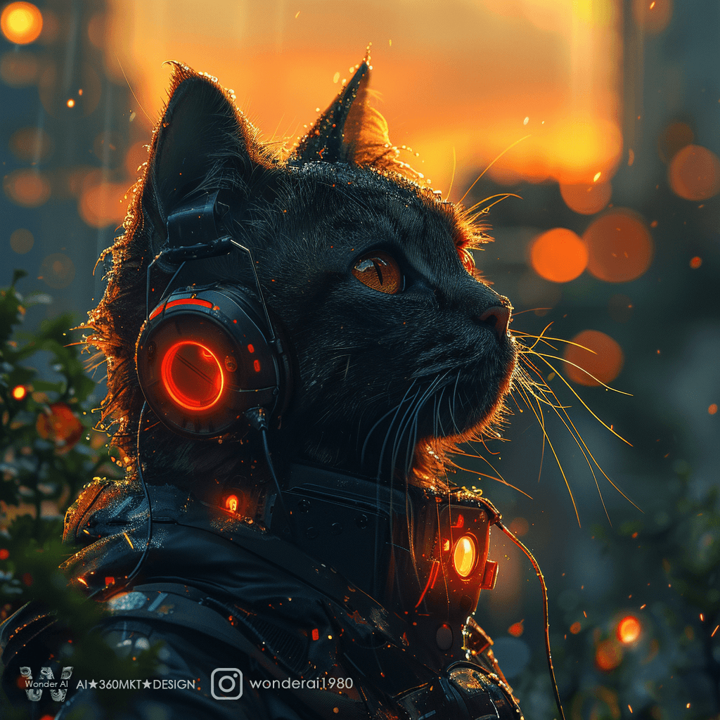 AI generated: real cat with headphones in the style of cyborg, cyberpunk landscape with an orange and black color ...