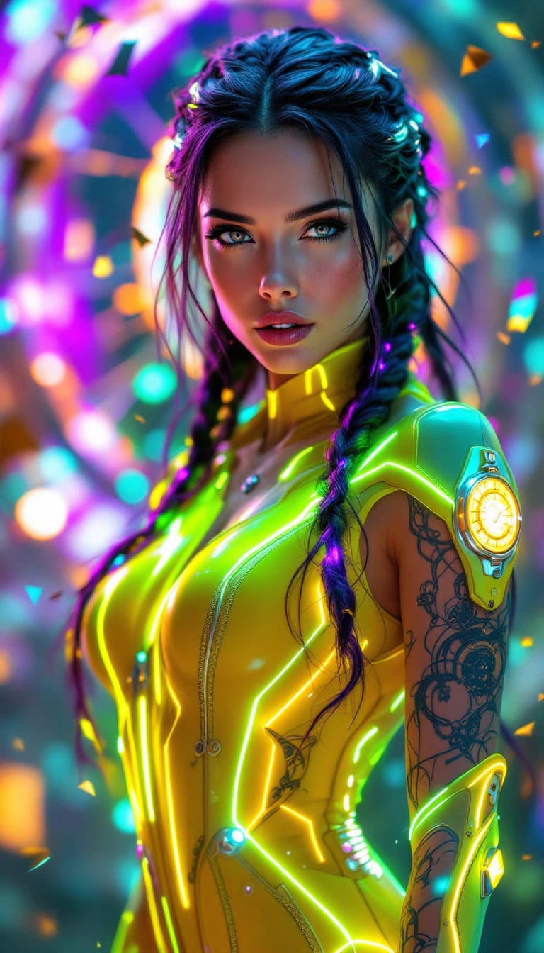 AI generated: An ultra-realistic, full-body action shot of a mesmerizing chartreuse time traveler, exuding mystery...