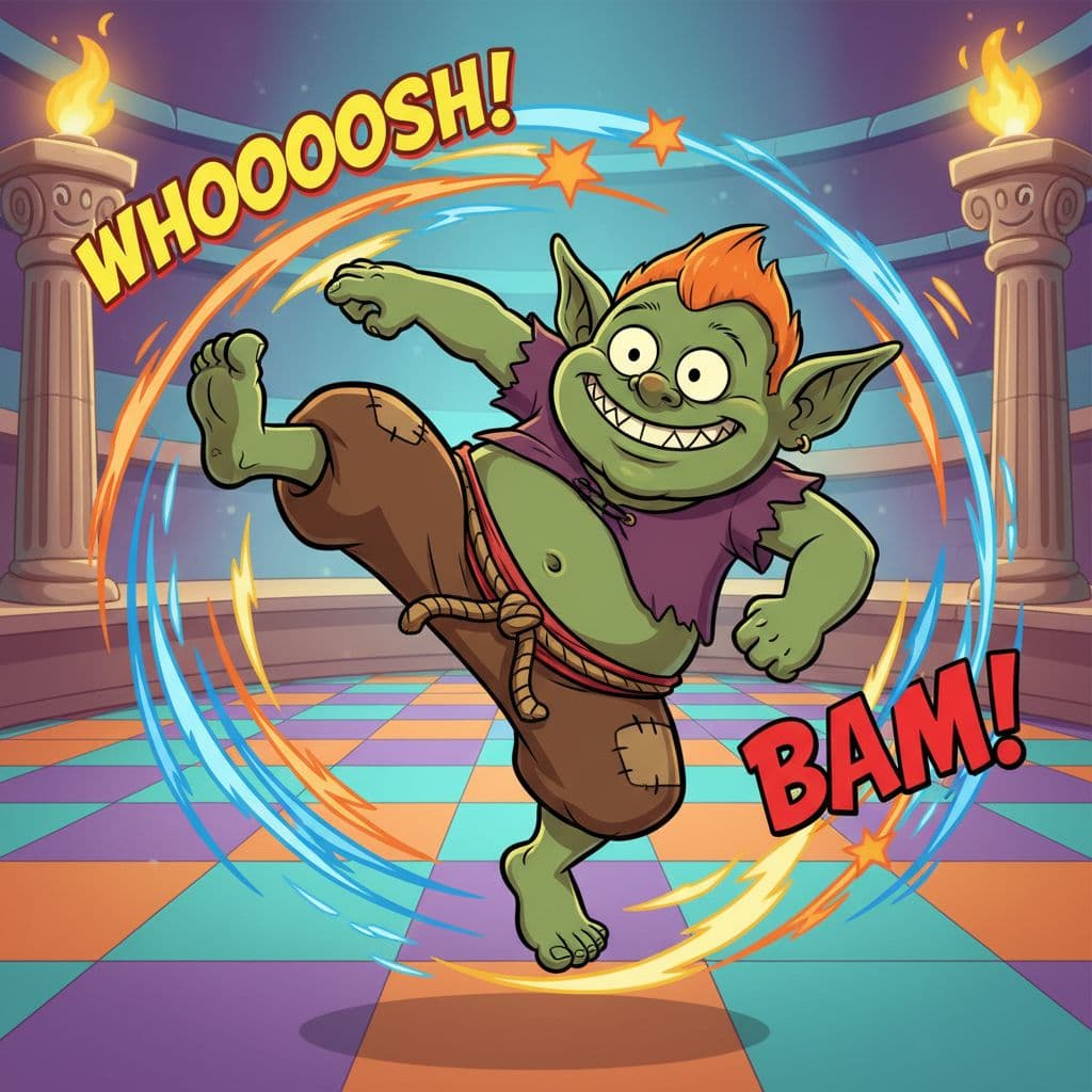 AI generated: Cute chubby goblin doing a funny spinning kick like a Street Fighter move, big round eyes, goofy smi...