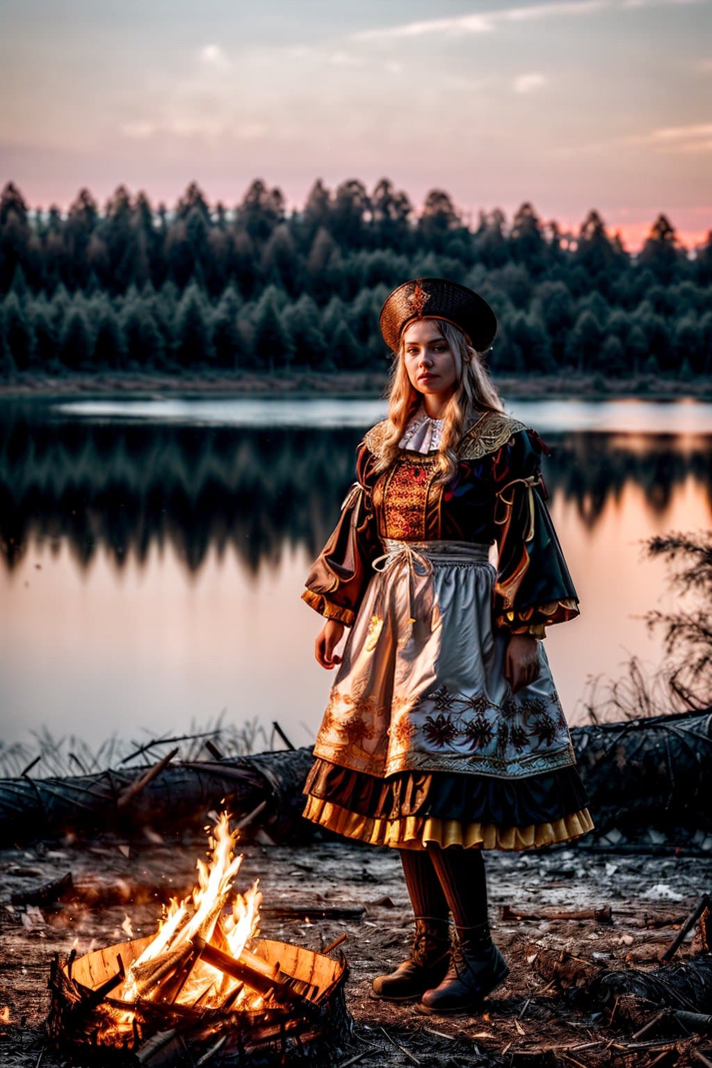 AI generated: (people in Slavic national costumes:1.3), (celebrating the New Year:1.1), (a forest lake and a large...