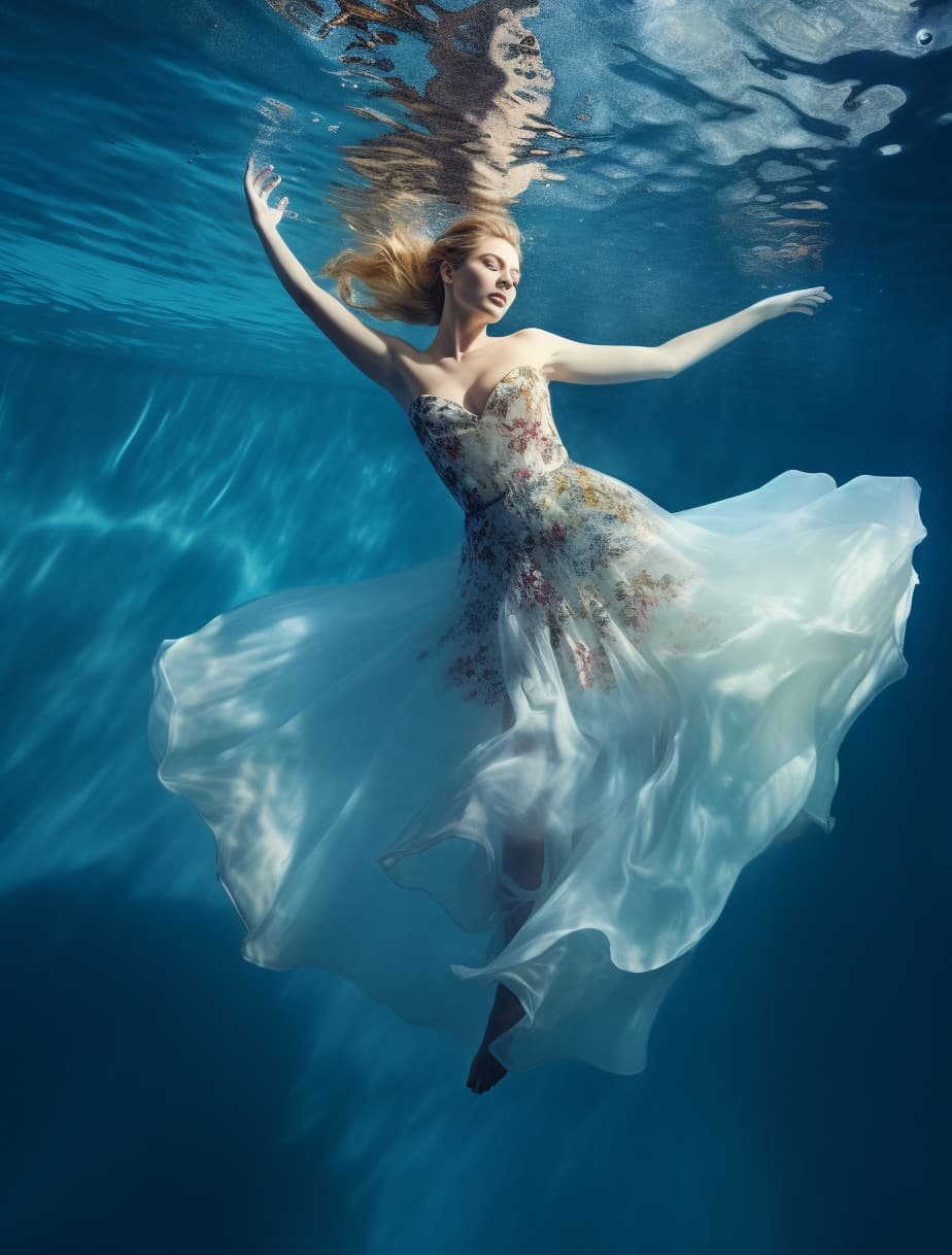 AI generated: a glamorous woman wearing a full evening gown floats in the swimming pool on a sunny day, high angle...
