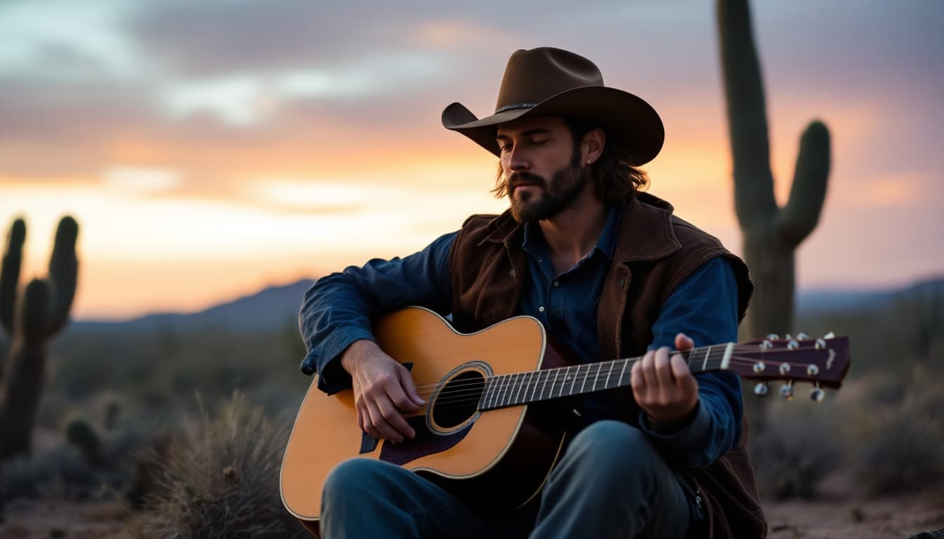 AI generated: Estilo: western. Escenario: desierto al atardecer con cactus. 
Un hombre con una guitarra está apoya...