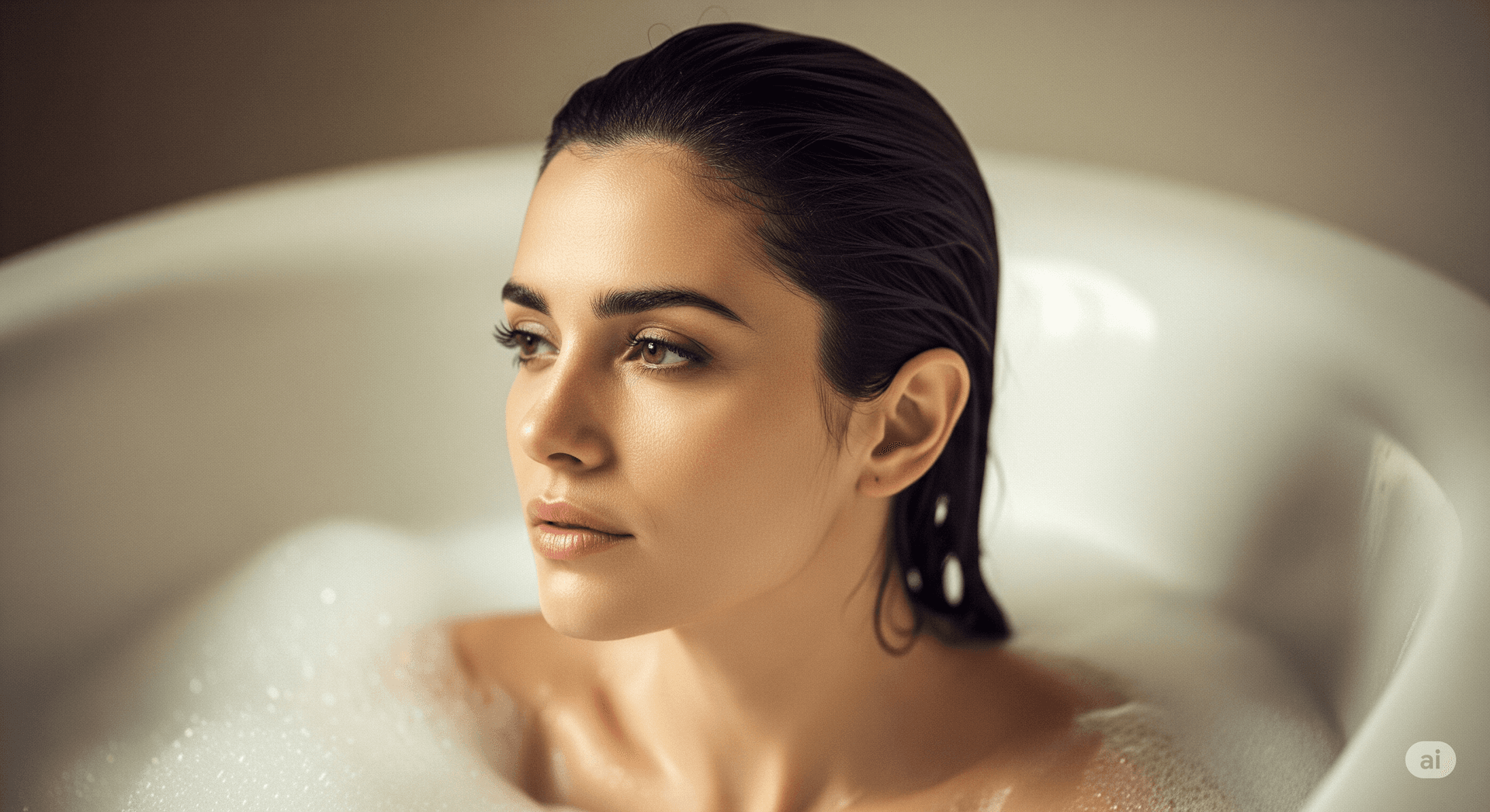 AI generated: A beautiful, cinematic portrait of a woman with dark, wet hair pulled back, sitting in a luxurious, ...