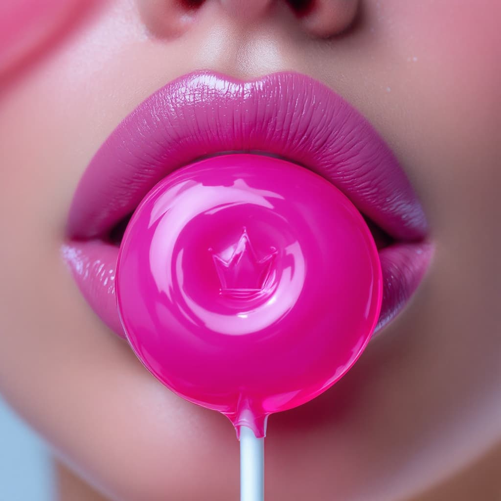 AI generated: Closeup of pink lips in lollipop colors with lollipop with a crown,  fashion photography, inbthe sty...