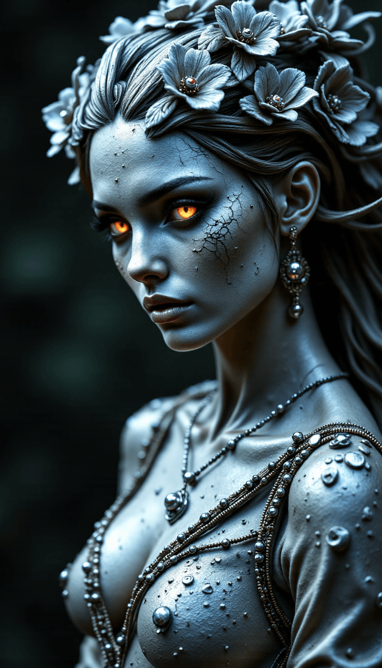 AI generated: Silver statue of a woman, her skin composed of delicate, textured silver flakes, with chrome and gla...