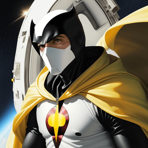 AI generated: george clooney in a white bodysuit with a wispy yellow cape, black mask connecting to his red and bl...