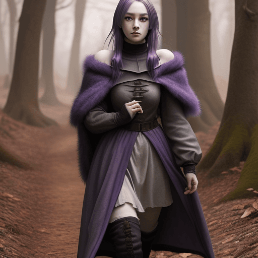 AI generated: Medieval girl with shoulder-length purple hair cold fur clothes black eyes and walking in the autumn...