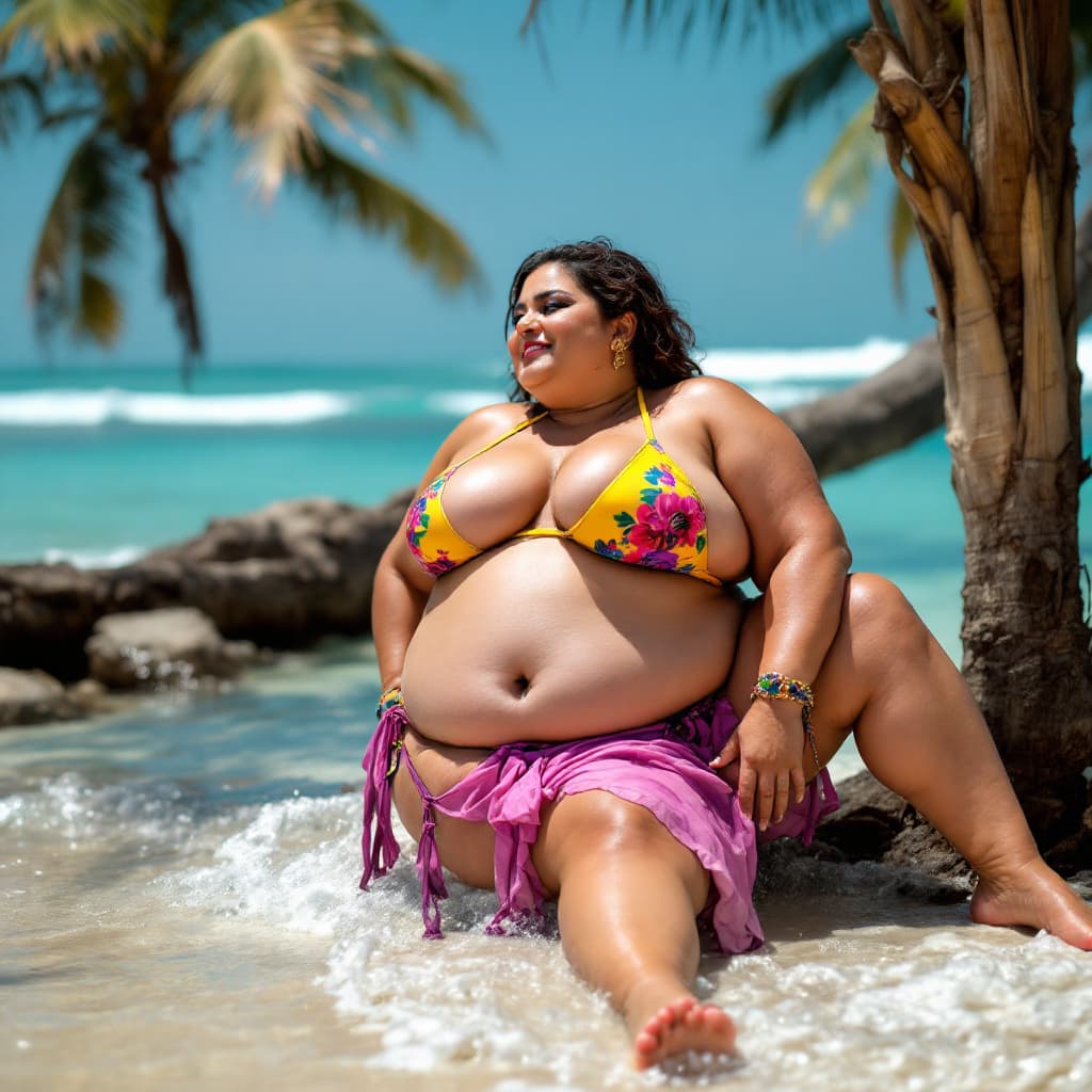 AI generated: Photo of a mature 50 years old beautiful pakistani chubby  woman in bikini