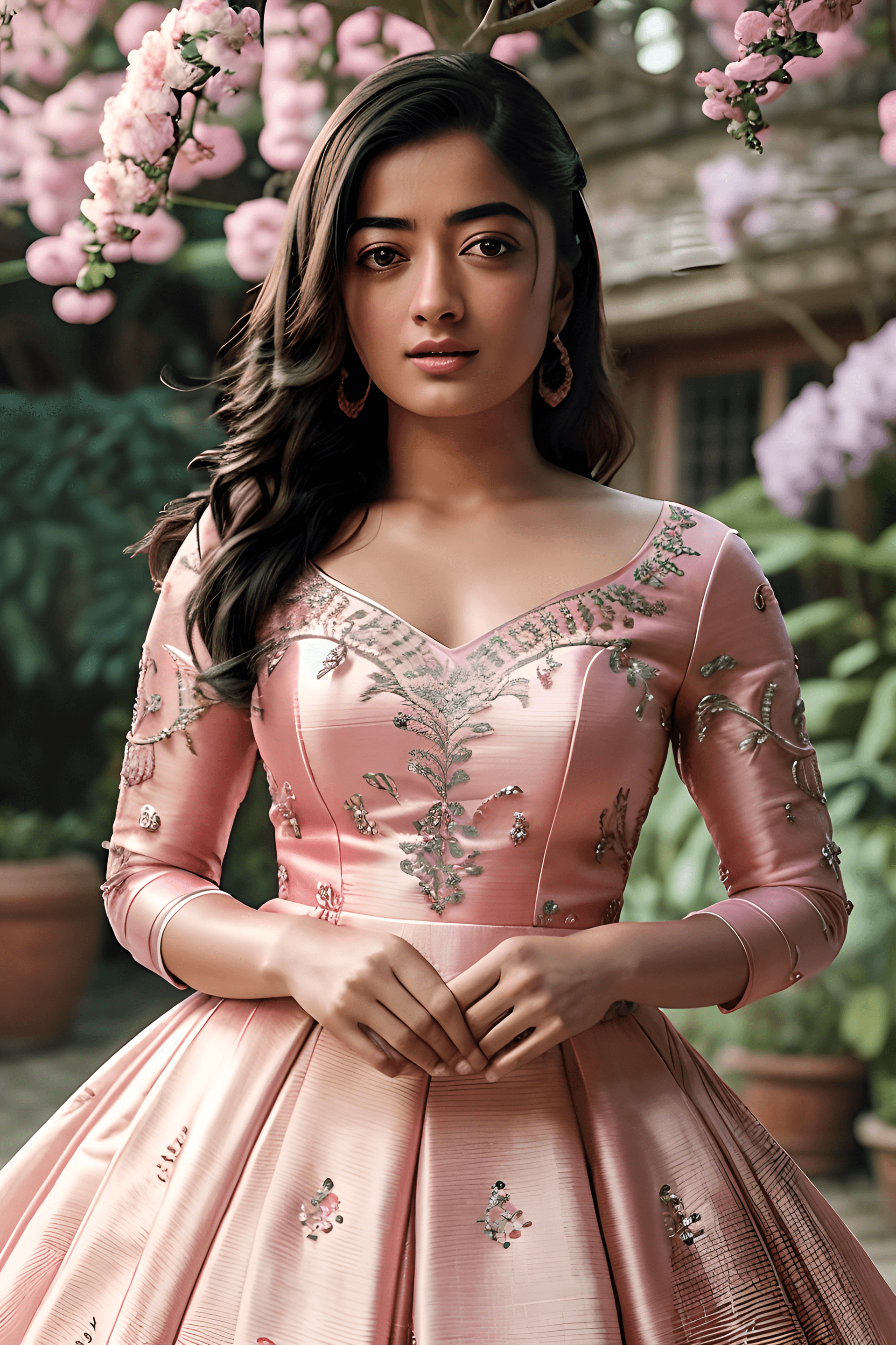 AI generated: Generate a stunningly realistic 8K image featuring Rashmika Mandanna in a mesmerizing pink gown, sho...