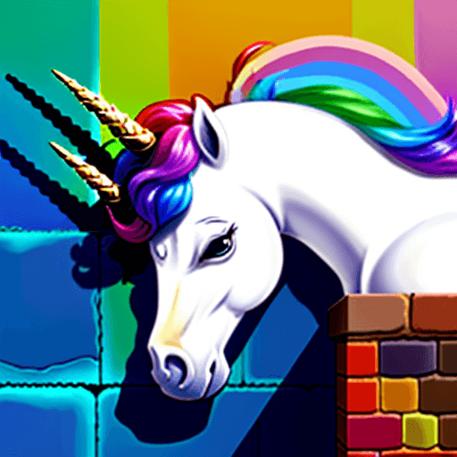 AI generated: a unicorn with a rainbow mane doing some bricklaying on a low wall