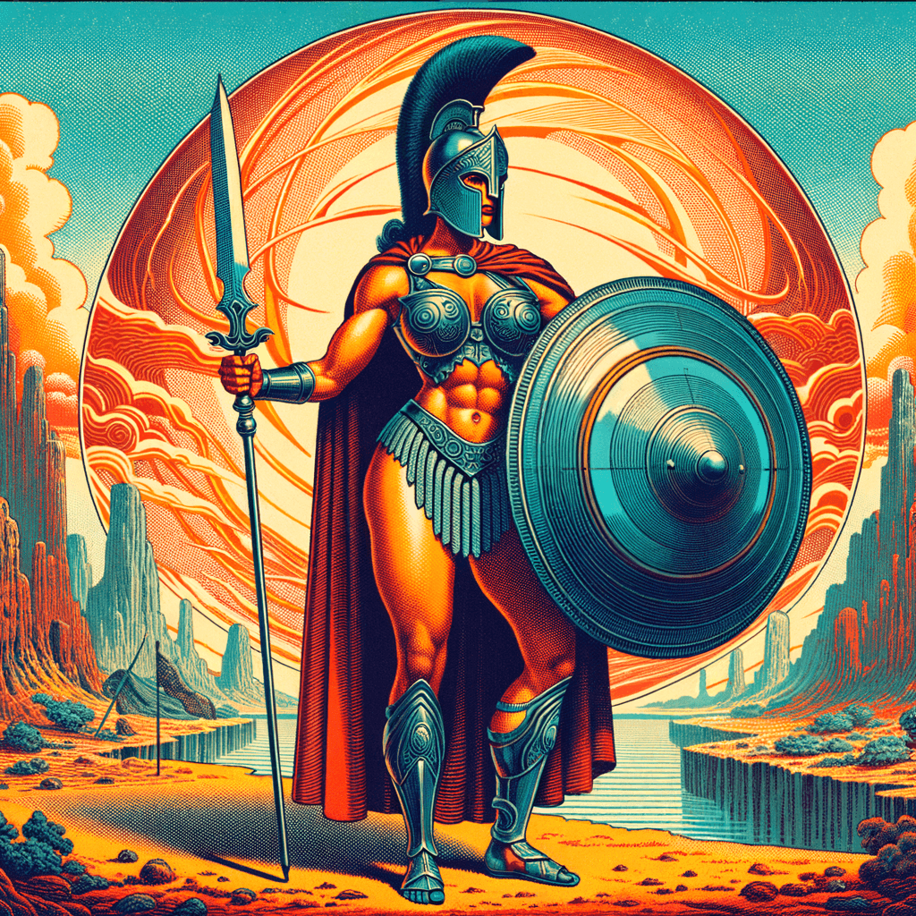 AI generated: Spartan warrior, a young gorgeous full figured woman with thick aesthetic physique, exaggerated prop...