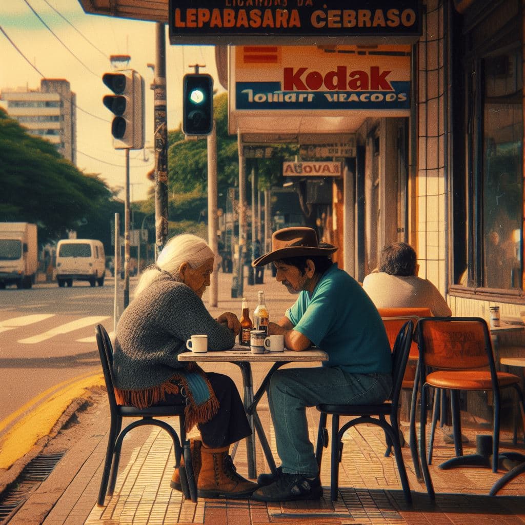 AI generated: A midle class inmigrant couple from latinoamerica, share a moment in a frugal afternoon in a restaur...