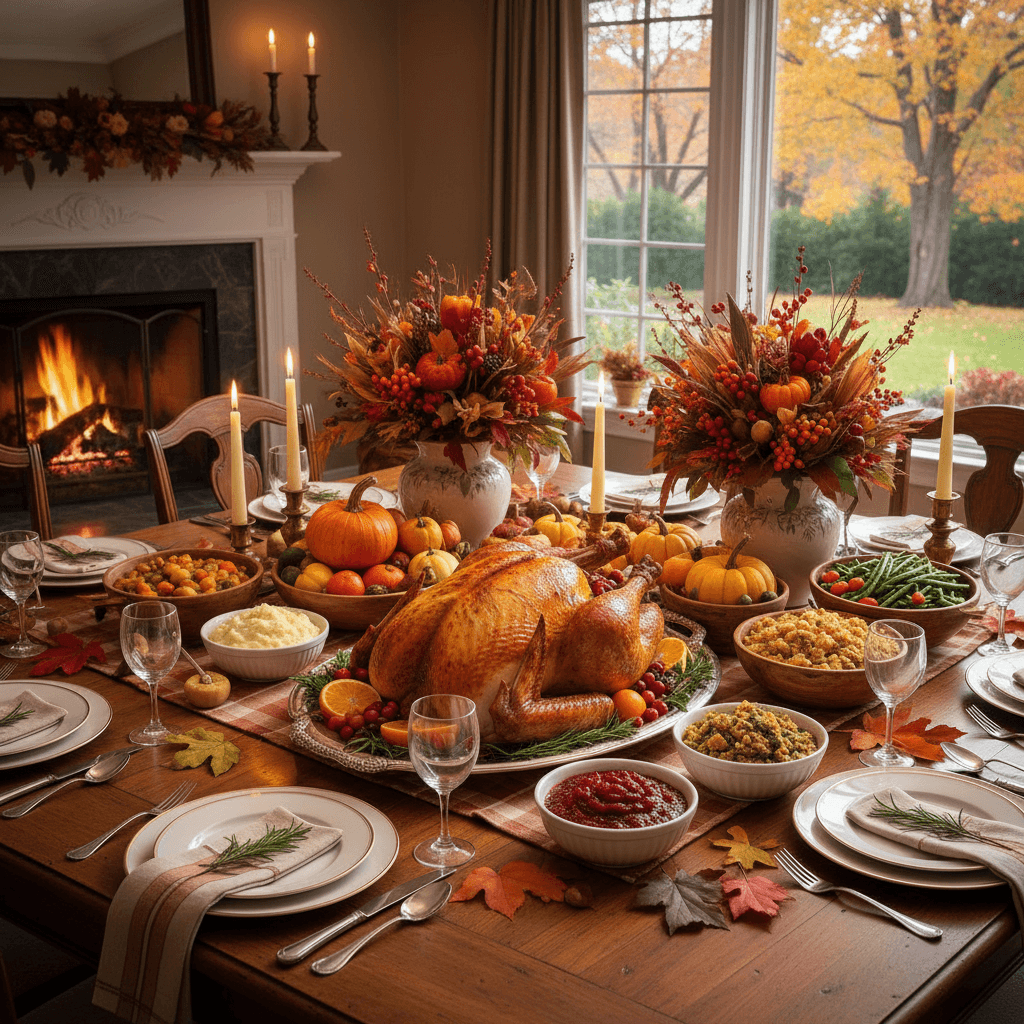 AI generated: "A table set for Thanksgiving dinner with roasted turkey and fall centerpieces"
