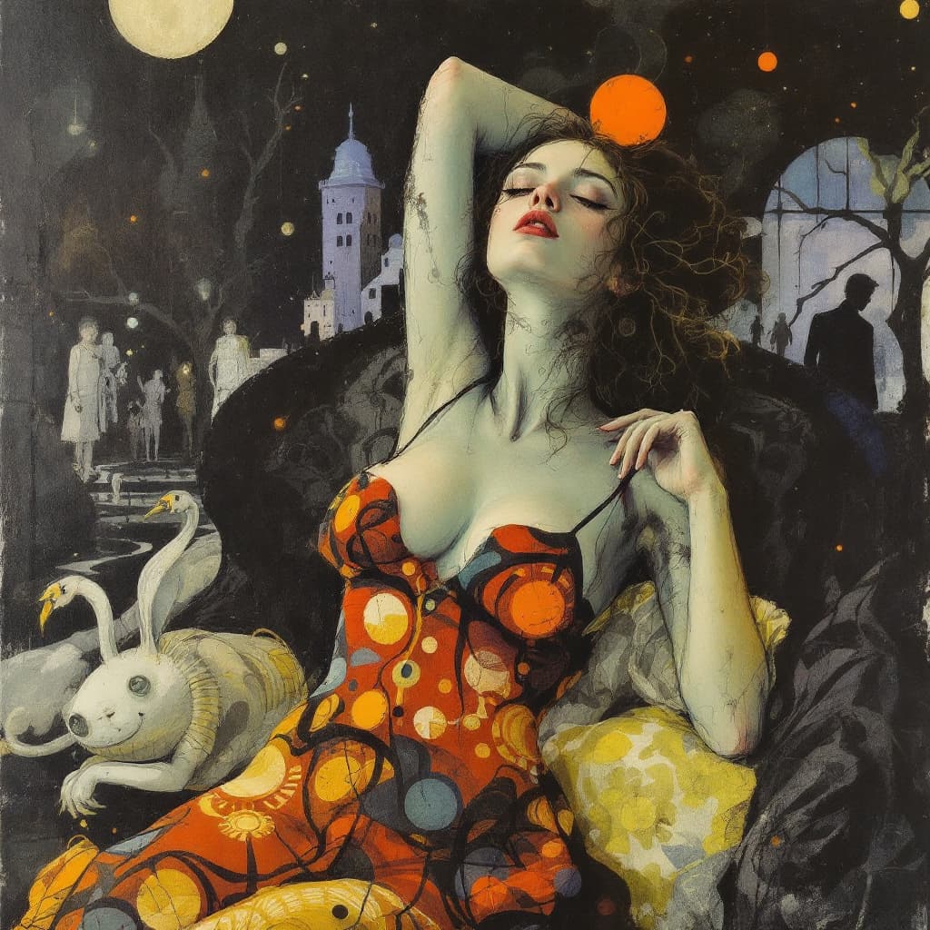 AI generated: pretty-young-wife-surreal-by-paul wunderlich-egon schiele-rudolf hausner-sketch art, night scene