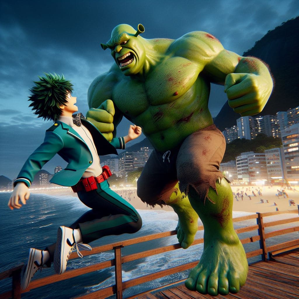AI generated: Midoryia Izuku from my hero academia anime hiting strongly Shrek in the face in a duel fight in the ...