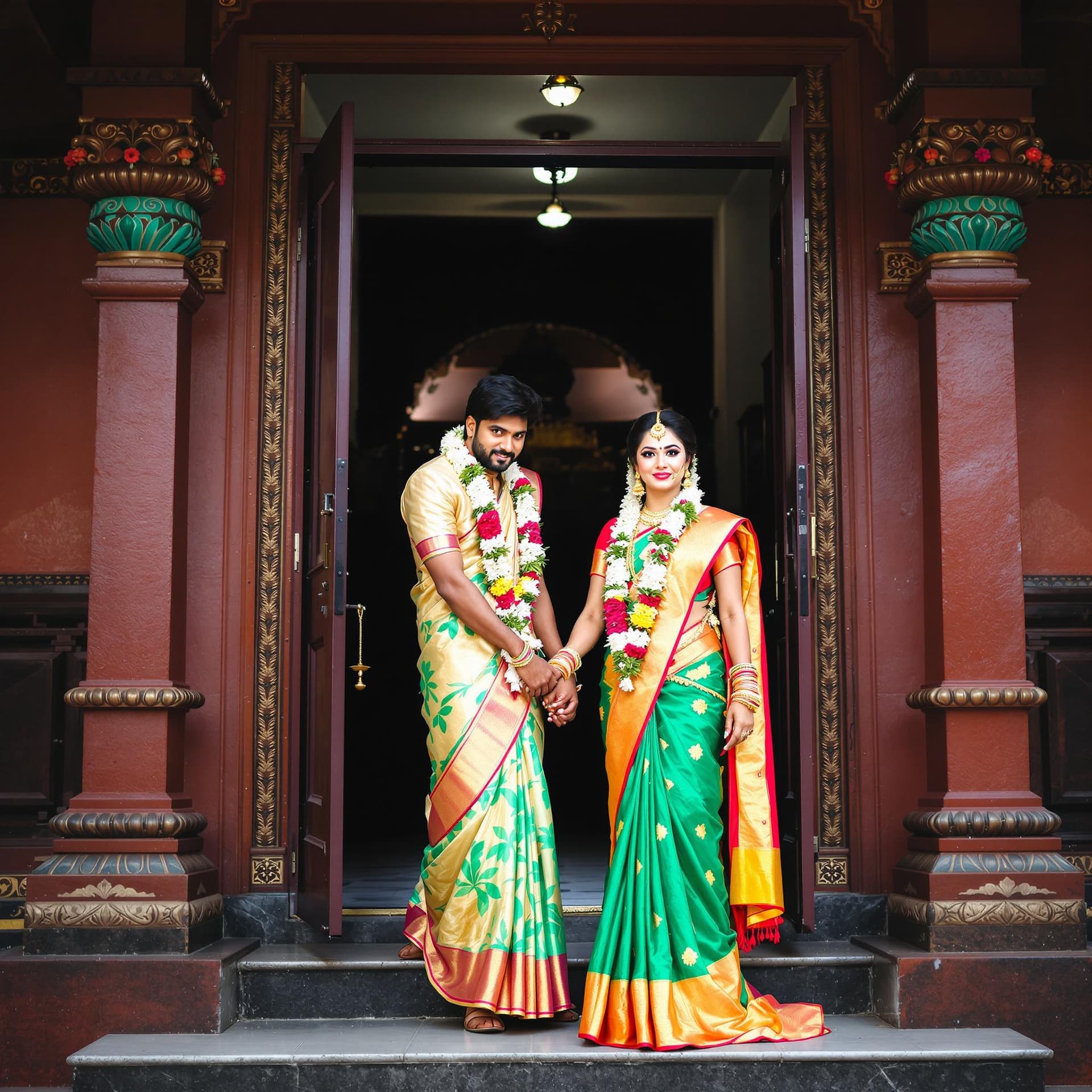 AI generated: Create a captivating image of a bride dressed in a traditional Kerala saree and a groom in a mundu, ...
