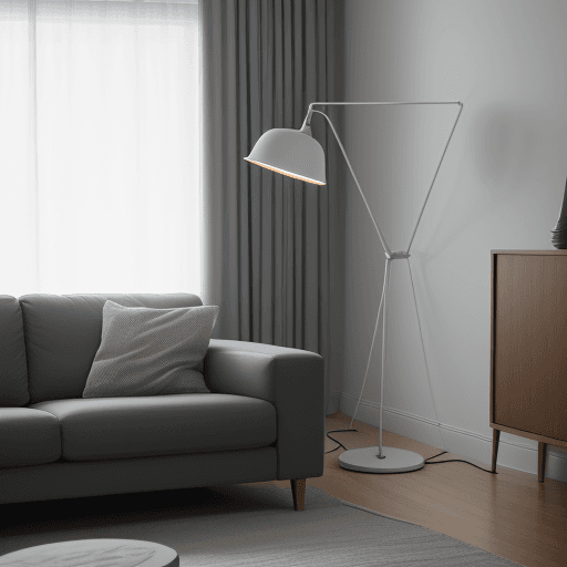 AI generated: mid-sized living room with a candid angle, dieter Rams 620 chair program, flos Arco floor lamp, Niko...