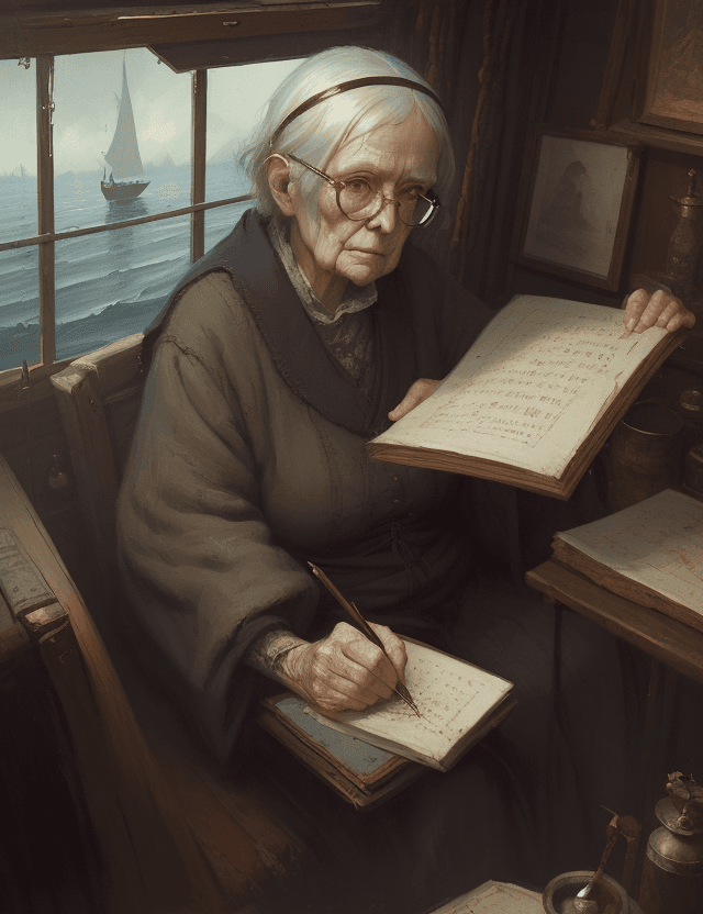 AI generated: Authoritarian old woman scribe, small round glasses, in a boat cabin by Greg Rutkowski, oil painting...