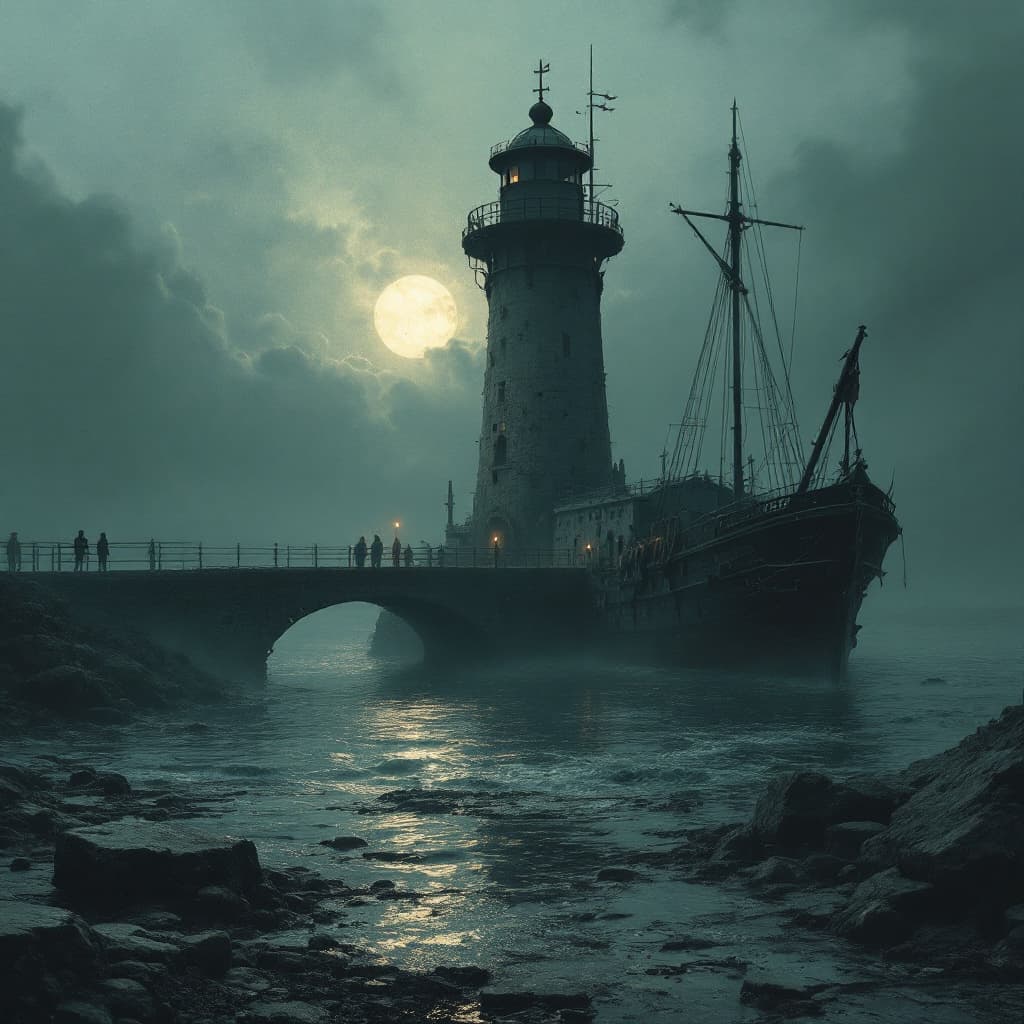 AI generated: old harbour with lighthouse dungeon synth dark atmospheric melancholic next to lighthouse old ship m...