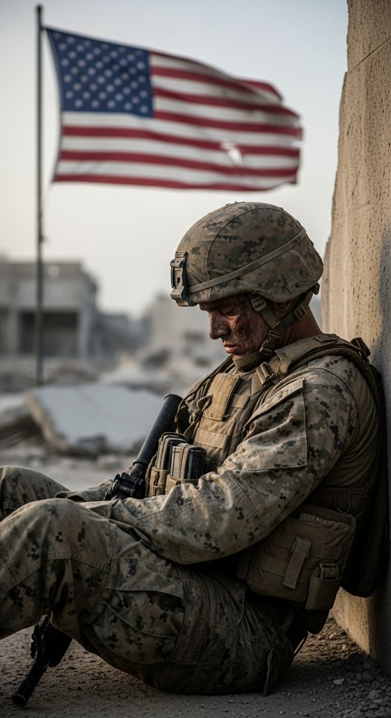 AI generated: a united states marine, tired, exhausted during war time, image depicts a man who clearly has endure...