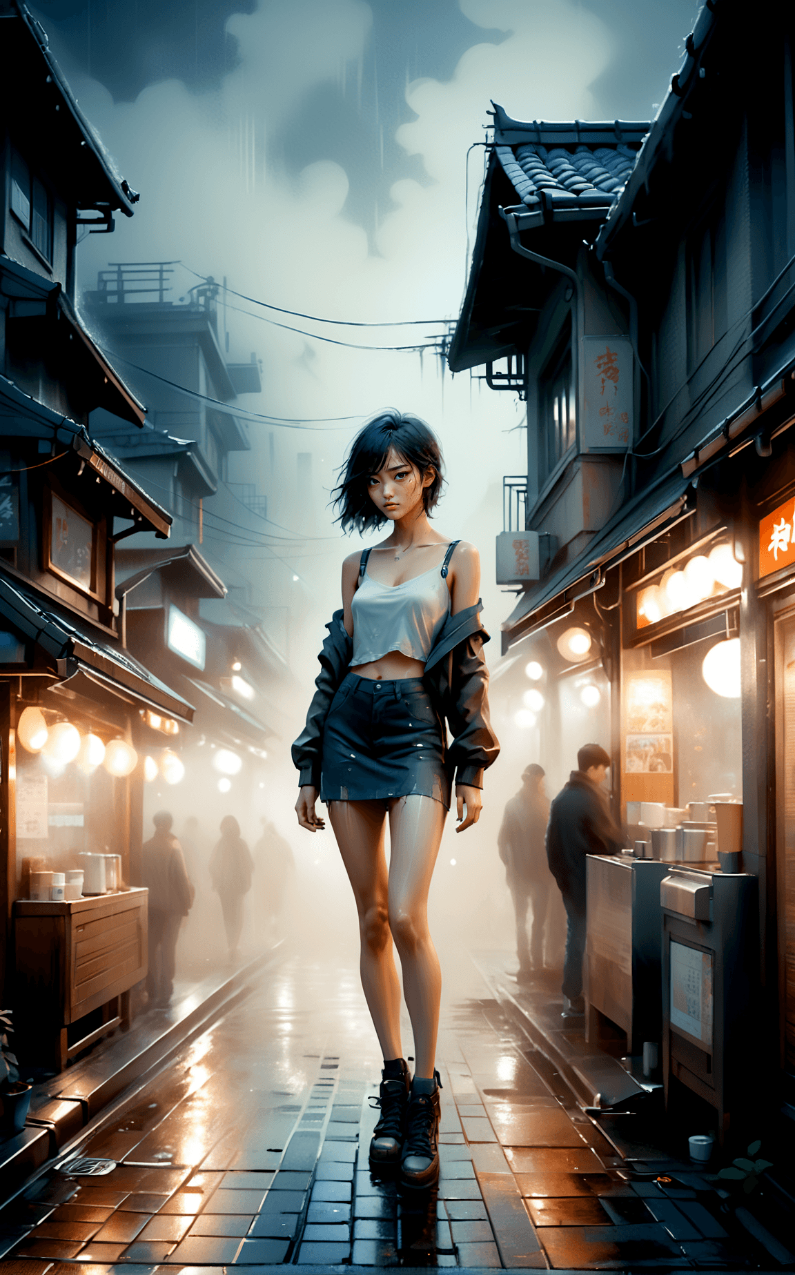 AI generated:  digital painting meets analog film, a gorgeous girl posting in the street, noir style, anime style,...