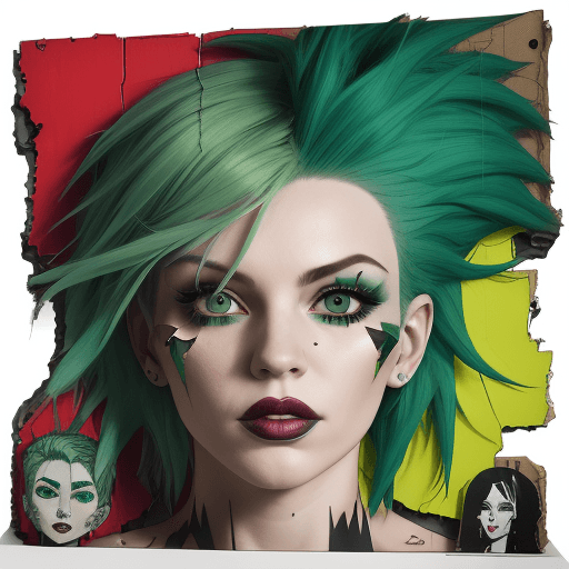 AI generated: woman with green hair, in the style of multi-layered collages, edgy street art, celebrity-portraits,...