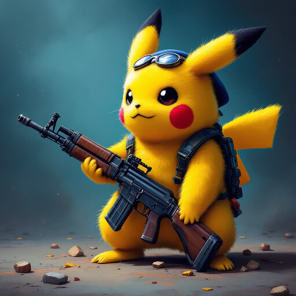 AI generated: pikachu with an ak47, part of the crips gang