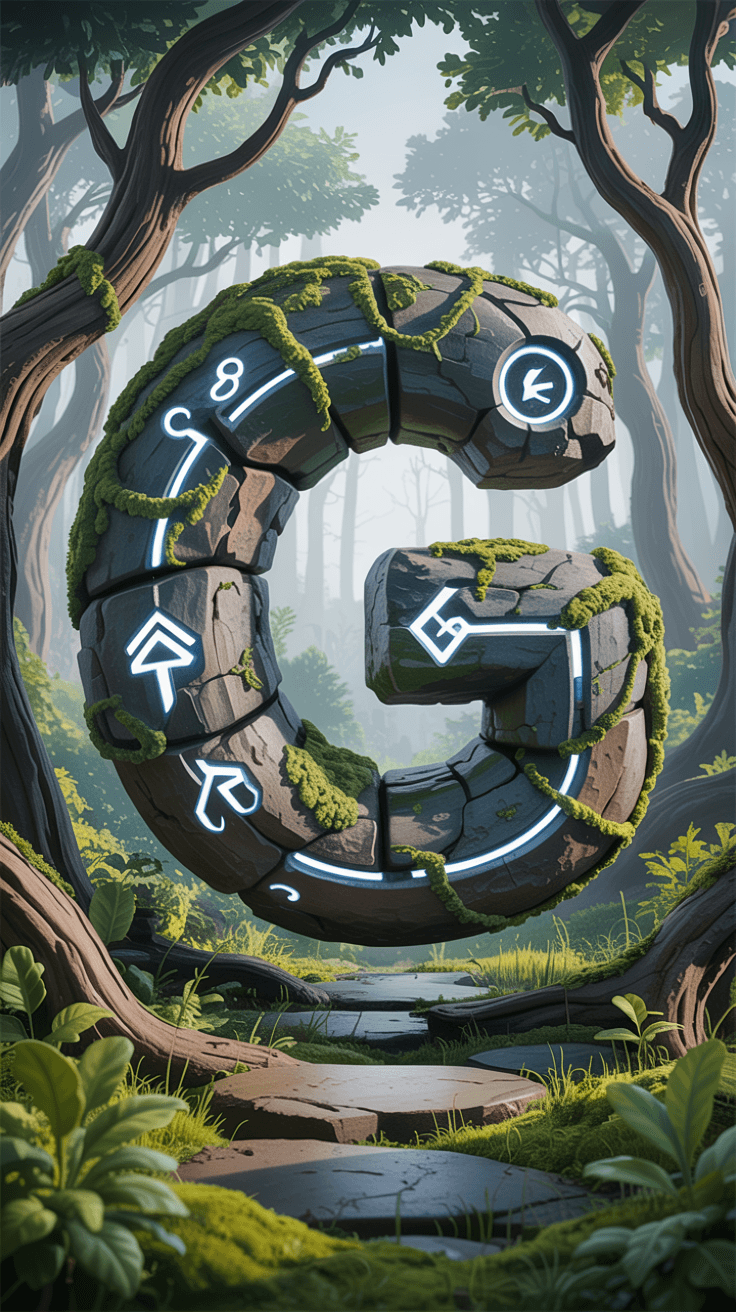 AI generated: "Design the letter 'G' as a massive stone golem covered in moss, vines, and ancient runes, standing ...