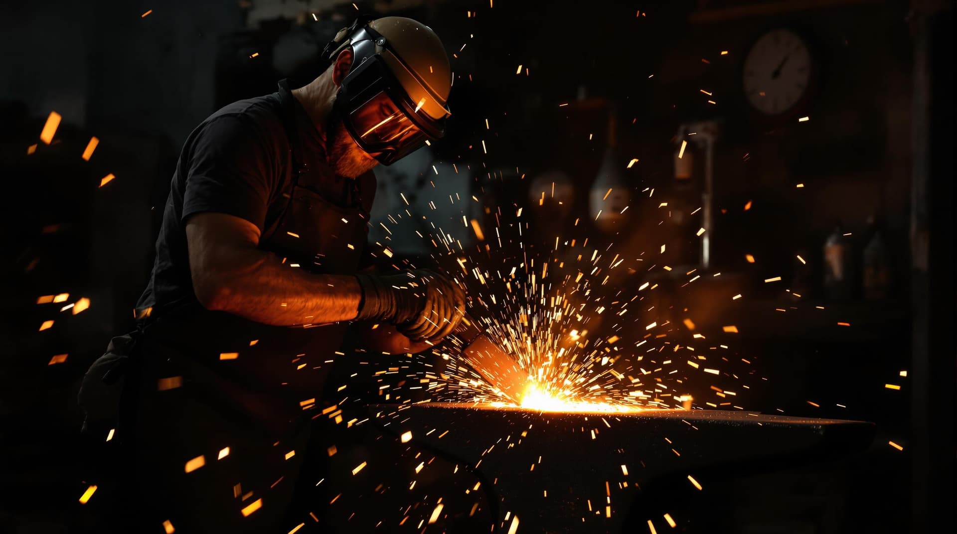 AI generated: Photo of a blacksmith at work, hammering a piece of hot metal on an anvil, sparks flying everywhere,...