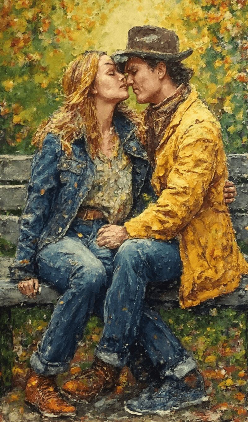 AI generated: Oil painting on canvas of a couple in love sitting on a park bench in everyday clothes. Broad, gestu...