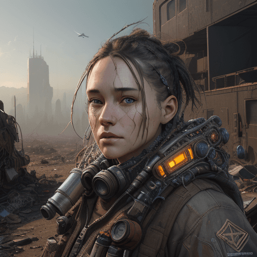 AI generated: a mid distance portrait of man wearing a survival outfit, lots of gear, Junkyard in the background, ...